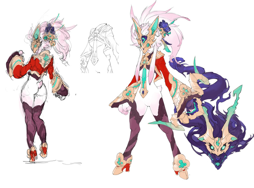 animal_ears ass bow_(weapon) character_sheet chinese_clothes furry hair_flower high_heels jacket kindred lamb_(league_of_legends) league_of_legends loiza mask no_humans partially_colored simple_background thighhighs weapon white_background wolf wolf_(league_of_legends)
