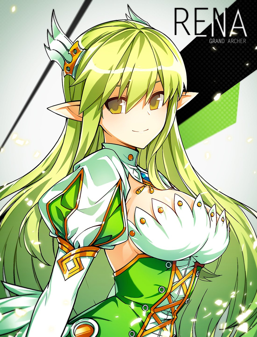 bangs breasts character_name closed_mouth corset cross-laced_clothes detached_collar dress elf elsword from_side gloves grand_archer_(elsword) green_dress green_eyes green_hair hair_between_eyes hair_ornament head_wings highres hwansang juliet_sleeves large_breasts long_hair long_sleeves looking_at_viewer pointy_ears puffy_long_sleeves puffy_sleeves rena_(elsword) smile solo very_long_hair white_gloves