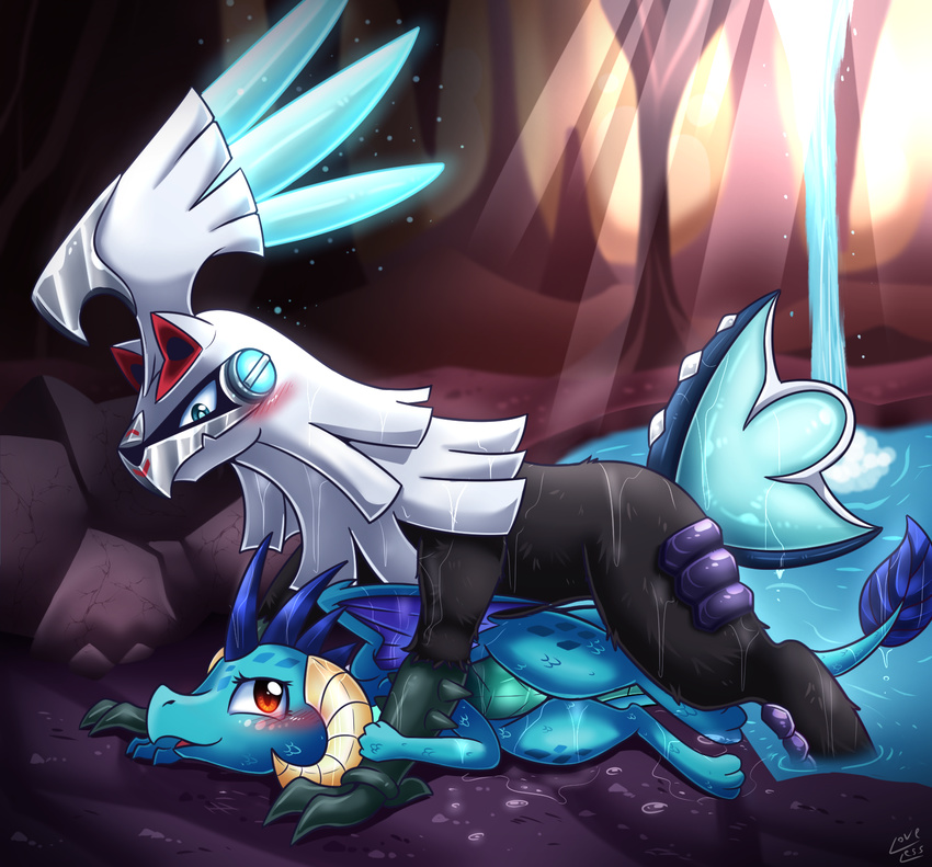 2016 ambiguous_gender anthro blush cave dragon friendship_is_magic fur my_little_pony nintendo pinned pok&eacute;mon princess_ember_(mlp) silvally smile soaking vavacung video_games