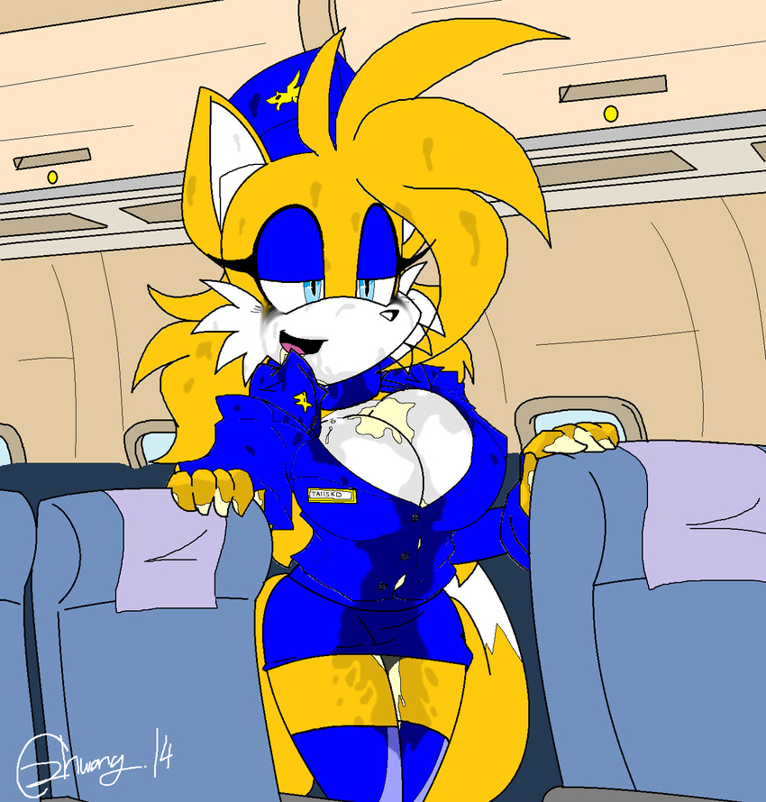akatsukishiranui-fox breasts canine cleavage clothed clothing crossgender cum cum_on_breasts female flight_attendant fox mammal melissa_"tailsko"_prower miles_prower recolor solo sonic_(series)