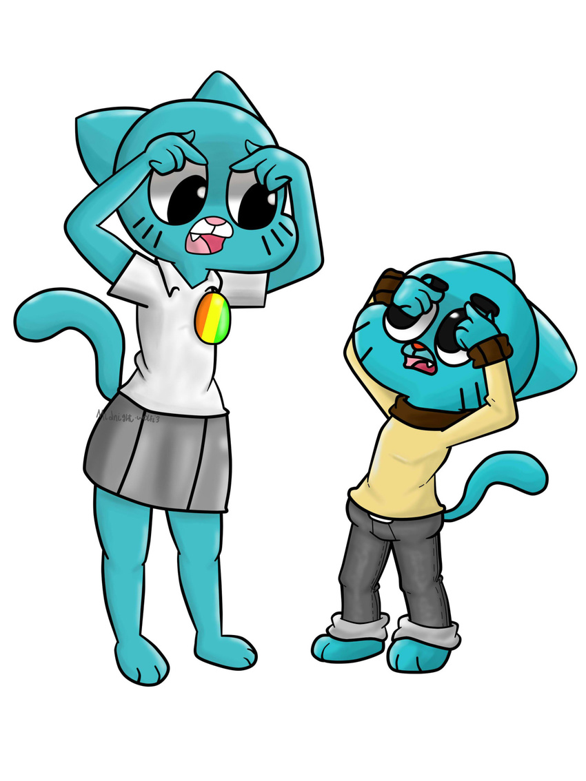 anthro blue_fur cartoon_network cat clothed clothing dress_shirt feline female fur gumball_watterson mammal mature_female mother mother_and_son nicole_watterson open_mouth pants parent pink_nose red_nose shirt skirt snax son sweater the_amazing_world_of_gumball tongue whiskers young