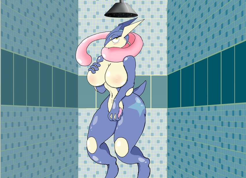 amphibian anthro big_breasts blush breasts cute female frog greninja nintendo nipples nude pok&eacute;mon shower slim soap solo video_games water wet yiffler