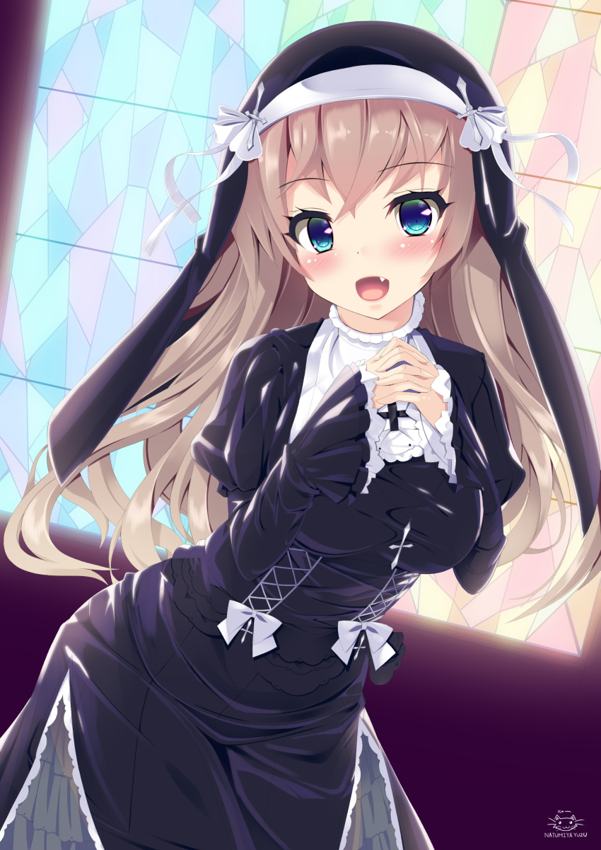 1girl :d absurdres artist_name black_dress blue_eyes blush bow brown_hair dress fang habit hands_together hands_up highres indoors leaning_forward long_hair long_sleeves looking_at_viewer natsumiya_yuzu nun open_mouth original puffy_long_sleeves puffy_sleeves smile solo stained_glass standing very_long_hair watermark white_bow