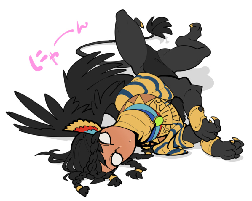 black_feathers black_fur black_hair bracelet braided_hair brown_skin claws egyptian_clothing empty_eyes fate/grand_order fate_(series) feathered_wings feathers female fur hair humanoid_face jewelry lying mammal on_side rolling sidotama solo sphinx sphinx_queen_(fate/grand_order) tail_tuft tuft white_eyes wings