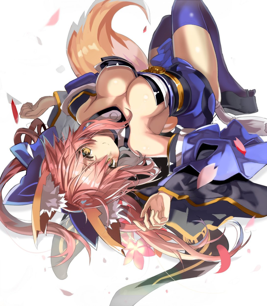 animal_ears bangs bare_shoulders blue_legwear blurry blush breasts brown_eyes cleavage clogs commentary depth_of_field detached_collar detached_sleeves fate/extra fate_(series) fox_ears fox_girl fox_tail hair_between_eyes hands_up highres japanese_clothes large_breasts long_hair looking_at_viewer lying on_back petals pink_hair shino_(eefy) smile solo tail tamamo_(fate)_(all) tamamo_no_mae_(fate) thighhighs upside-down