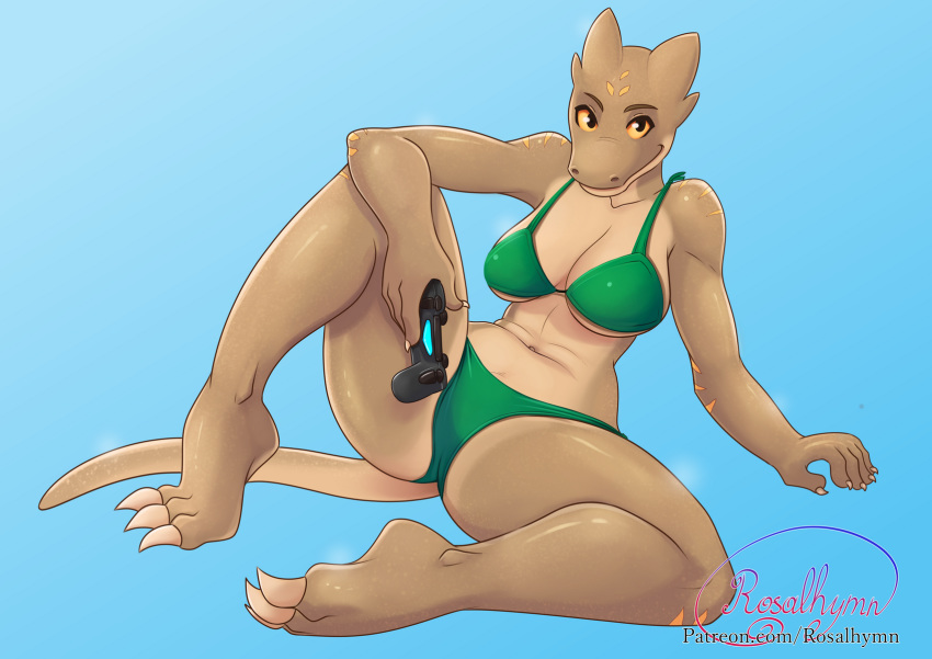 2018 3_toes 5_fingers anthro arm_support bikini breasts claws clothing controller eyebrows female finger_claws holding_object kaida_(alexaurus) looking_at_viewer navel non-mammal_breasts reptile rosalhymn scalie signature simple_background sitting smile solo spread_legs spreading swimsuit toe_claws toes