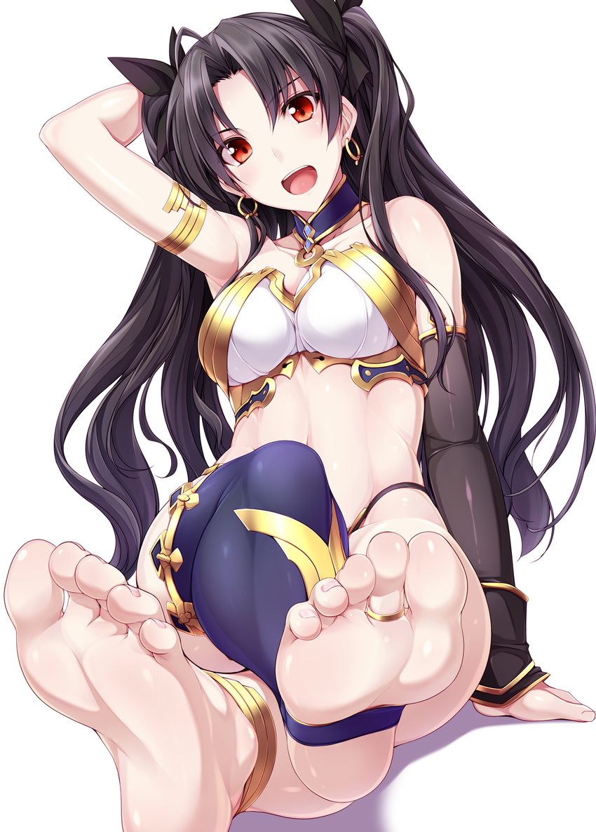 :d anklet armlet armpits asymmetrical_legwear asymmetrical_sleeves bare_shoulders barefoot black_hair breasts choker collarbone crossed_legs earrings fate/grand_order fate_(series) feet foreshortening hair_ornament hair_ribbon hand_behind_head highres hoop_earrings ishtar_(fate/grand_order) jewelry long_hair looking_at_viewer medium_breasts midriff nail_polish naturalton navel open_mouth pink_nails red_eyes ribbon single_thighhigh sitting smile soles solo thighhighs toe_ring toeless_legwear toenails toes two_side_up white_background