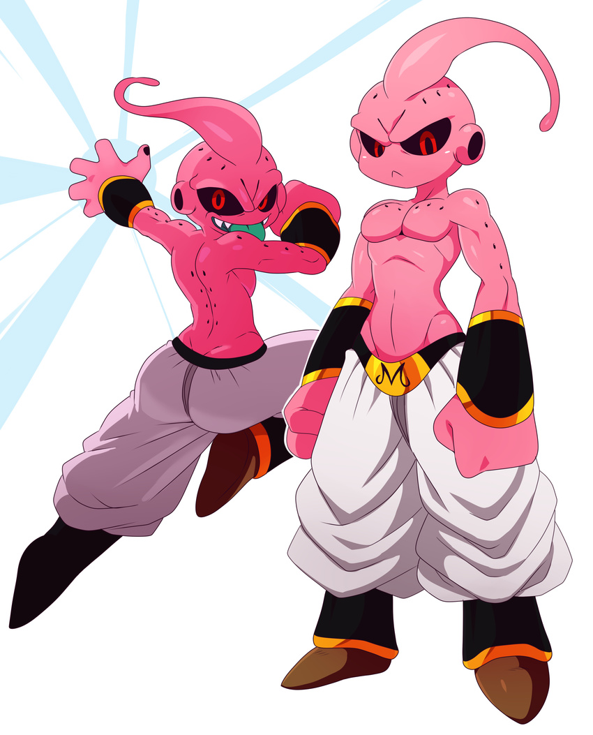 2015 absurd_res action_pose athletic black_pupils black_sclera bracelet butt clothed clothing dragon_ball dragon_ball_z energy footwear front_view frown green_tongue hi_res humanoid jewelry kid_buu looking_at_viewer looking_back majin majin_buu male monster multiple_poses pecs pink_body pose rear_view red_eyes sharp_teeth shoes simple_background smile smirk solo sssonic2 standing teeth tendrils tongue tongue_out topless white_background