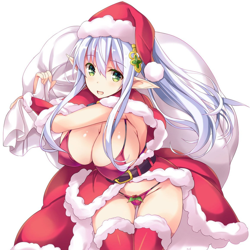 arm_warmers belt bikini blush brave_girl_ravens breasts chloe_ferel christmas coat covered_nipples fur_trim green_eyes hair_ornament hat large_breasts long_hair open_clothes open_coat open_mouth pointy_ears ponytail red_bikini red_legwear sack santa_costume santa_hat shimakaze silver_hair simple_background smile solo swimsuit thighhighs white_background