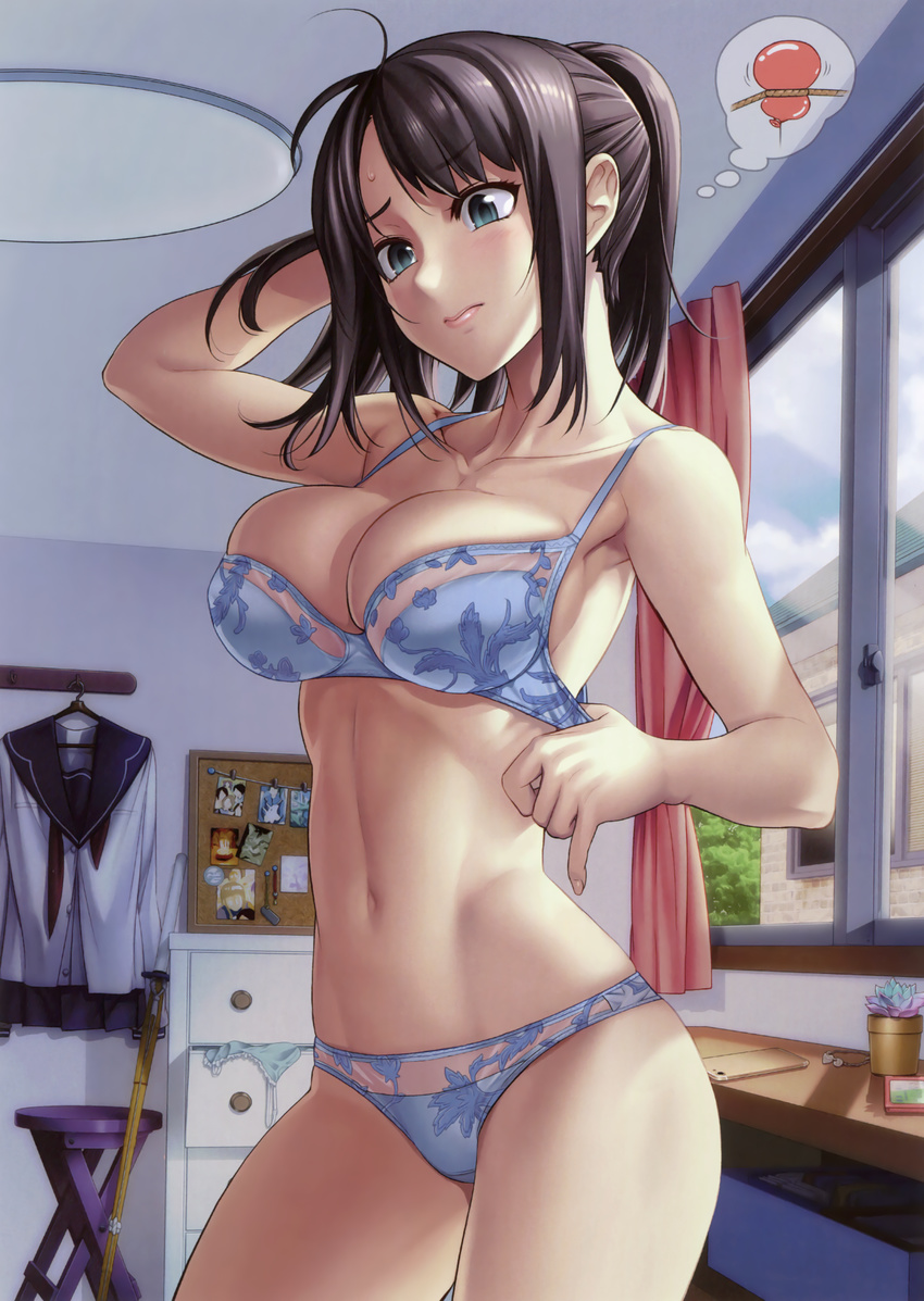 absurdres aqua_eyes arm_up bangs bedroom black_hair blue_bra blue_panties bra breasts bulletin_board cellphone chest_of_drawers clothes_hanger clothes_removed collarbone cowboy_shot curtains day flower_pot grimace hand_behind_head highres indoors large_breasts lingerie looking_down navel panties phone plant ponytail potted_plant satou_shouji school_uniform skindentation smartphone solo stool sweatdrop toranoana undersized_clothes underwear underwear_only window