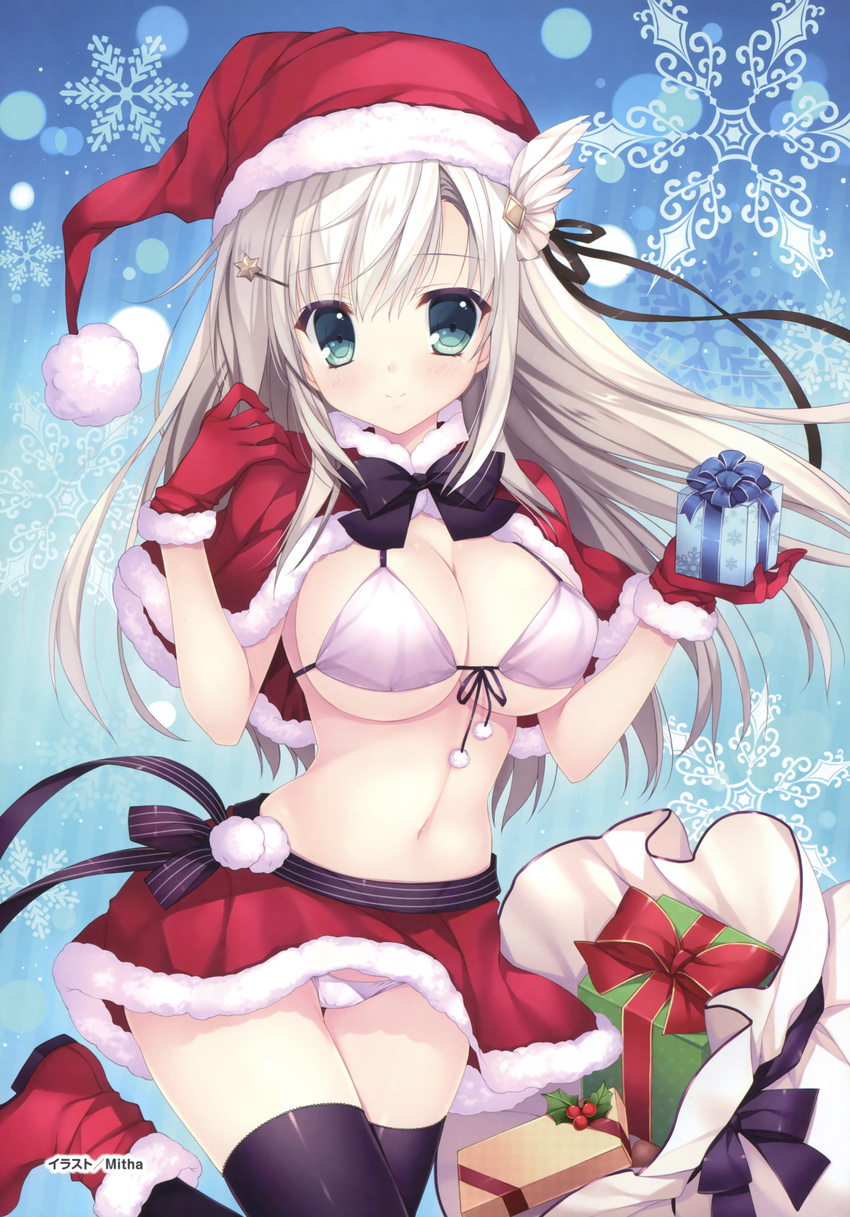 absurdres bikini_top black_legwear blush breasts gift gloves green_eyes grey_hair hair_ornament hairclip haruoto_alice_gram hat highres kanzaki_erisa large_breasts long_hair mitha panties sack santa_costume santa_hat skirt smile thighhighs underwear