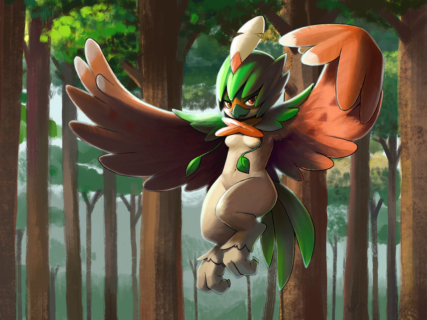 ajin anthro armpits avian bird breasts claws decidueye feathers featureless_breasts female flying forest looking_at_viewer navel nintendo non-mammal_breasts nude outside owl pok&eacute;mon smile solo toe_claws tree video_games wings