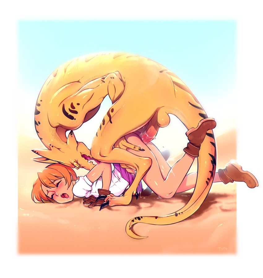 bare_legs bestiality blush boots brown_gloves closed_eyes creature desert dragon gloves highres jota leather leather_gloves monster open_mouth orange_hair penis saliva sex top-down_bottom-up typo_(requiemdusk) viper viper_rsr