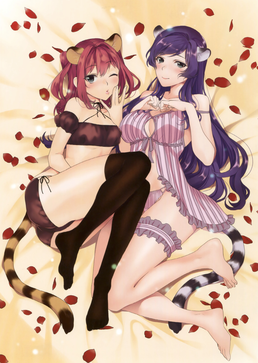 absurdres animal_ears babydoll barefoot blush breasts detached_sleeves hands_on_own_chest highres large_breasts lingerie long_hair multiple_girls musha_sabu no_shoes petals puffy_detached_sleeves puffy_sleeves purple_hair red_hair tail tiger_ears tiger_tail toranoana underwear