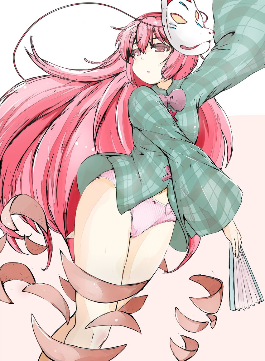 bangs big_hair bow bow_panties breasts chestnut_mouth colored_eyelashes dancing expressionless fox_mask green_shirt hair_between_eyes hand_up hata_no_kokoro highres long_hair long_sleeves mask mepikari panties pink_background pink_eyes pink_hair pink_panties pink_skirt plaid plaid_shirt revealing_clothes shirt skirt small_breasts solo thighs touhou two-tone_background underwear very_long_hair white_background