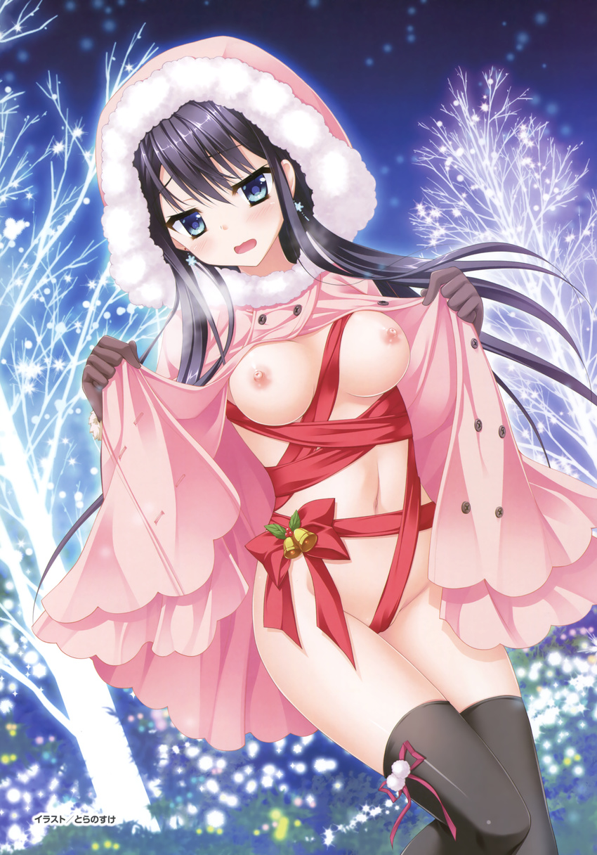 absurdres aqua_eyes bare_tree bell black_gloves black_hair black_legwear blush bottomless breasts breath coat earrings floral_flowlove fur_trim gloves highres holly jewelry long_hair medium_breasts naked_coat naked_ribbon navel nipples no_bra open_clothes open_coat open_mouth opened_by_self ribbon snowflake_earrings solo thighhighs tokisaka_nanao toranosuke tree unbuttoned wavy_mouth