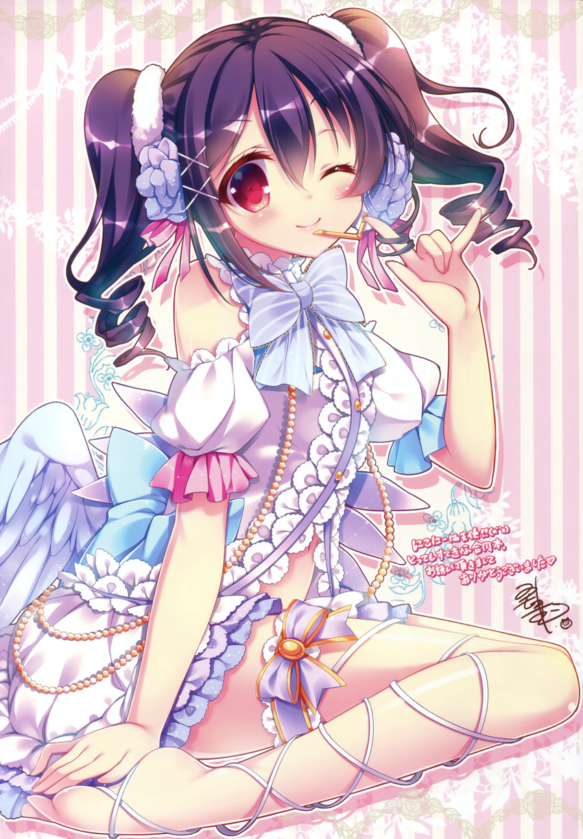 absurdres black_hair blue_wings drill_hair eyebrows_visible_through_hair flower hair_between_eyes hair_flower hair_ornament hair_ribbon hair_twirling highres long_hair looking_at_viewer love_live! love_live!_school_idol_project mitsumomo_mamu one_eye_closed pink_ribbon purple_flower red_eyes ribbon skirt smile solo thigh_strap twin_drills white_ribbon white_skirt wings yazawa_nico