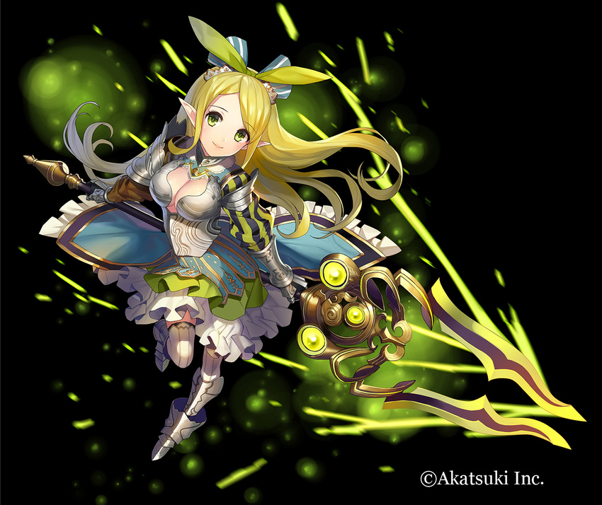 armor armored_boots armored_dress black_background blonde_hair boots breasts cleavage dress frilled_dress frills full_body gauntlets green_eyes hair_ribbon highres large_breasts long_hair looking_at_viewer matsui_hiroaki official_art pointy_ears polearm ribbon smile solo spear thousand_memories weapon