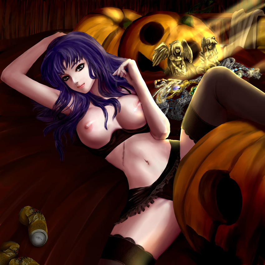 black_eyes black_legwear black_thighhighs breasts can creepy female jack-o'-lantern katsuragi_misato long_hair lying macaroni midriff miniskirt misato_katsuragi neon_genesis_evangelion nipples panties pumpkin purple_hair scar shirtless skirt solo statue thighhighs topless underwear