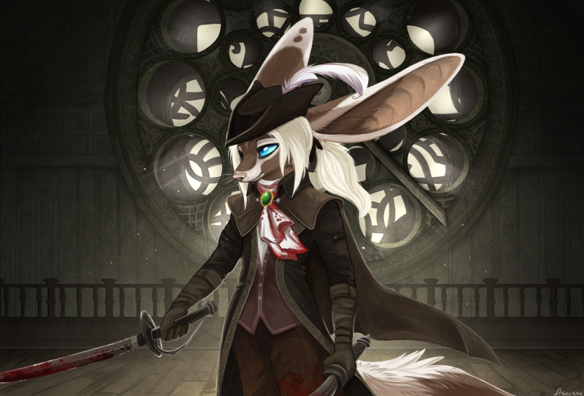 2018 anthro aseethe blood bloodborne blue_eyes blue_sclera canine clothed clothing digital_media_(artwork) fox fromsoftware hair holding_object holding_weapon lady_maria_(bloodborne) long_ears mammal melee_weapon standing sword weapon white_hair