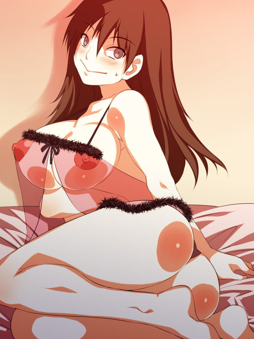 ass bare_shoulders barefoot bed blush breasts brown_hair erect_nipples highres large_breasts lingerie long_hair looking_at_viewer maria_momoe mizuryuu_kei momoe_maria nipples ookiku_furikabutte see-through sitting smile solo underwear