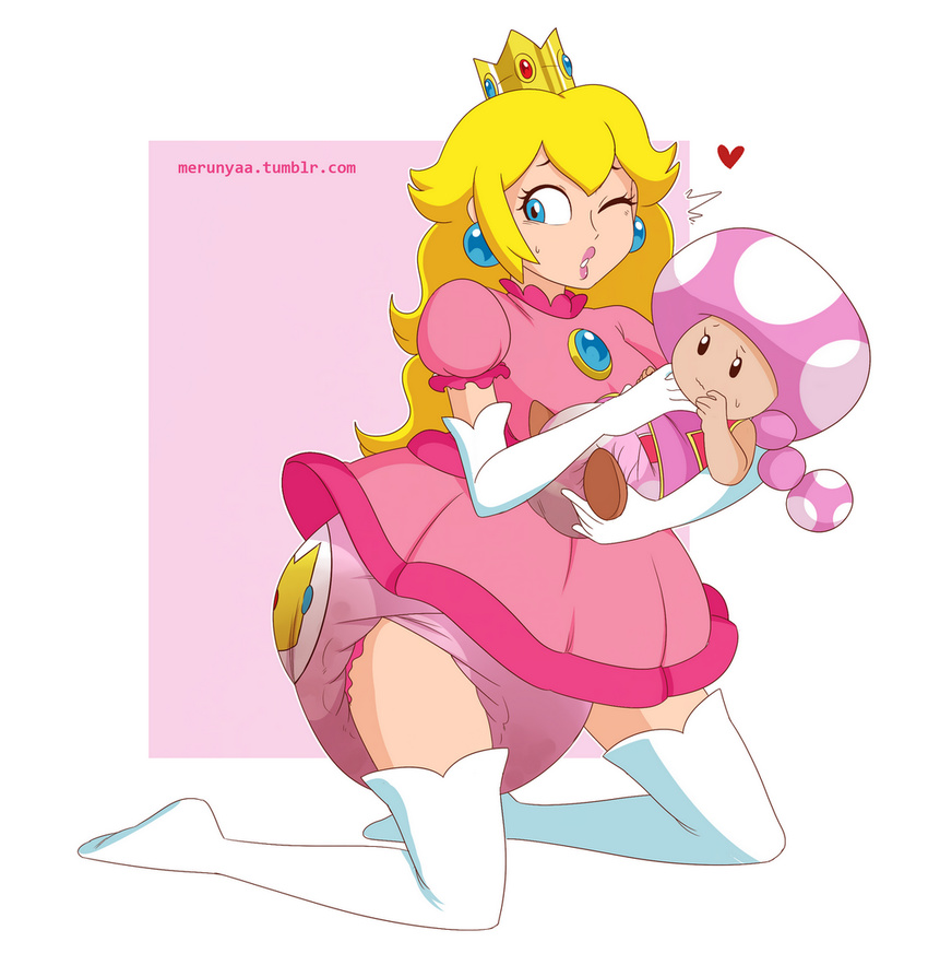 2016 blonde_hair blue_eyes crown diaper feces female hair long_hair mario_bros merunyaa nintendo princess princess_peach royalty scat soiling toadette video_games