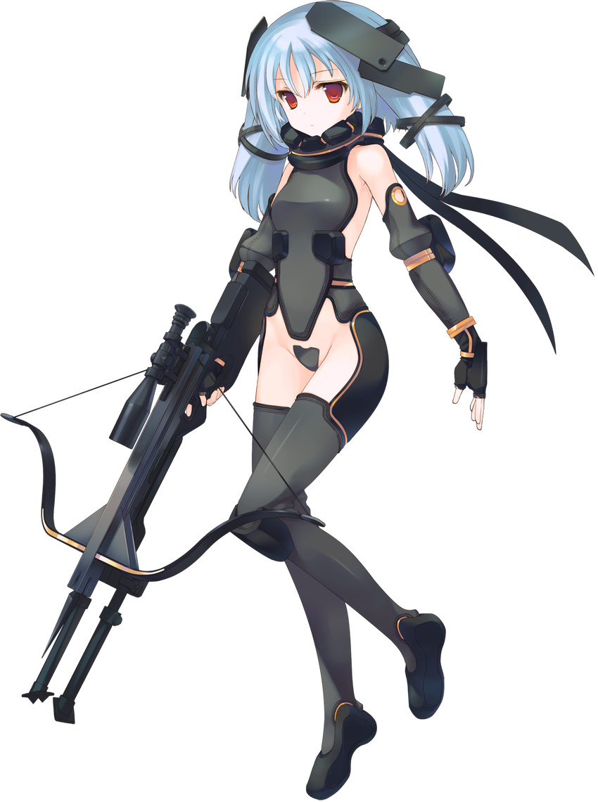 aquaplus blue_hair bodysuit bou bow_(weapon) crossbow dungeon_travelers_2 expressionless flat_chest full_body highres official_art red_eyes scope solo transparent_background tsurara_(dungeon_travelers_2) weapon