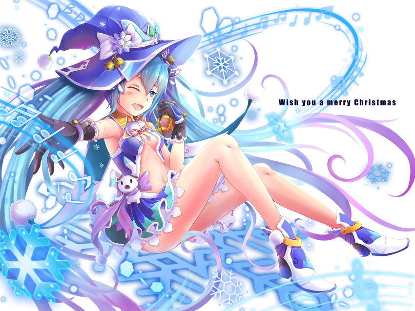 absurdres aqua_eyes aqua_hair b.d_(472858314) beamed_eighth_notes beamed_sixteenth_notes bell bunny eighth_note gift gloves hat hatsune_miku high_heels highres jingle_bell long_hair merry_christmas musical_note navel one_eye_closed outstretched_arm quarter_note sitting snowflakes staff_(music) suki!_yuki!_maji_magic_(vocaloid) treble_clef twintails very_long_hair vocaloid white_background witch_hat yuki_miku yukine_(vocaloid)