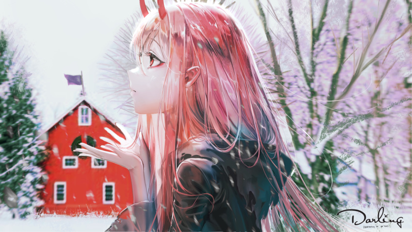1girl bangs black_robe building closed_mouth commentary copyright_name darling_in_the_franxx day english_commentary eyebrows_visible_through_hair flat hair_between_eyes hands_up highres hood hood_down hooded_robe horns long_hair outdoors profile red_eyes red_hair robe sa'yuki sky snow snowing solo tree very_long_hair zero_two_(darling_in_the_franxx)
