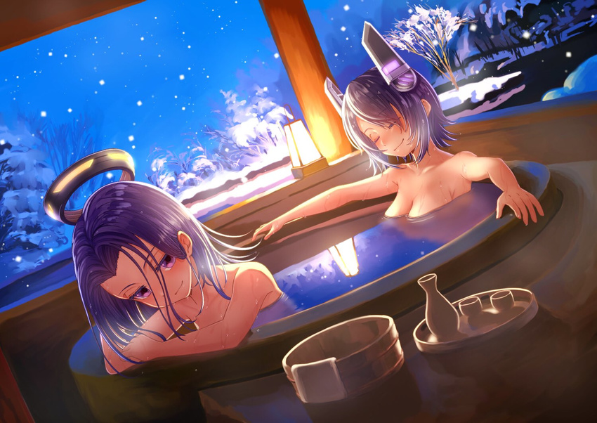 arm_support armpits bath bathing blush breasts bucket cleavage closed_eyes closed_mouth collarbone commentary_request cup dutch_angle eyebrows_visible_through_hair floating floating_object hair_between_eyes jug kantai_collection lantern light looking_at_viewer md5_mismatch mechanical_halo medium_breasts mocha_(snowflake) multiple_girls nude partially_submerged purple_eyes purple_hair reflection seductive_smile short_hair smile snow snowing tatsuta_(kantai_collection) tenryuu_(kantai_collection) upper_body water winter wooden_bucket