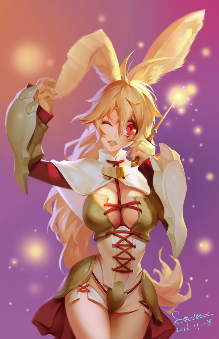 2016 ;d absurdres animal_ears antenna_hair bangs between_breasts blonde_hair braid breasts bunny_ears capelet cleavage corset cowboy_shot cross-laced_clothes dated detached_sleeves dress gauntlets green_dress hair_between_eyes hands_up high_collar highres holding holding_wand large_breasts legs_together long_hair long_sleeves looking_to_the_side nachetanya_loei_piena_augustra one_eye_closed open_clothes open_mouth open_shirt red_eyes rokka_no_yuusha shibari shibari_under_clothes shirt short_dress signature single_braid smile solo steven_kn strapless strapless_dress teeth very_long_hair wand