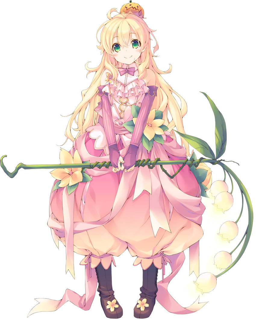 aquaplus blonde_hair dungeon_travelers_2 erthuricia_vitor_de_ritzhevin flower full_body green_eyes highres holding holding_weapon jack-o'-lantern kokonoka long_hair looking_at_viewer official_art pumpkin_hat smile solo staff transparent_background weapon