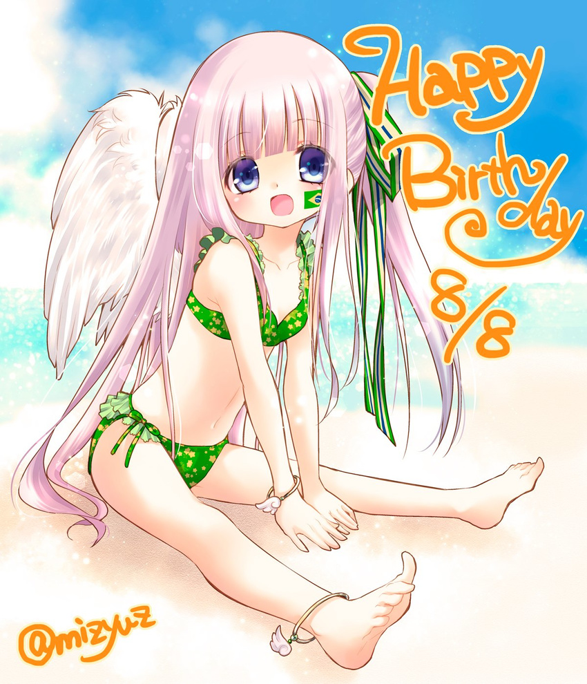 2016_summer_olympics angel_wings anklet beach blue_eyes brazilian_flag dated day gotou_jun hair_ribbon happy_birthday highres jewelry lavender_hair long_hair looking_at_viewer mizutani_yuzu official_art olympics open_mouth ribbon sand sitting smile solo swimsuit tenshi_no_3p! twitter_username very_long_hair wings