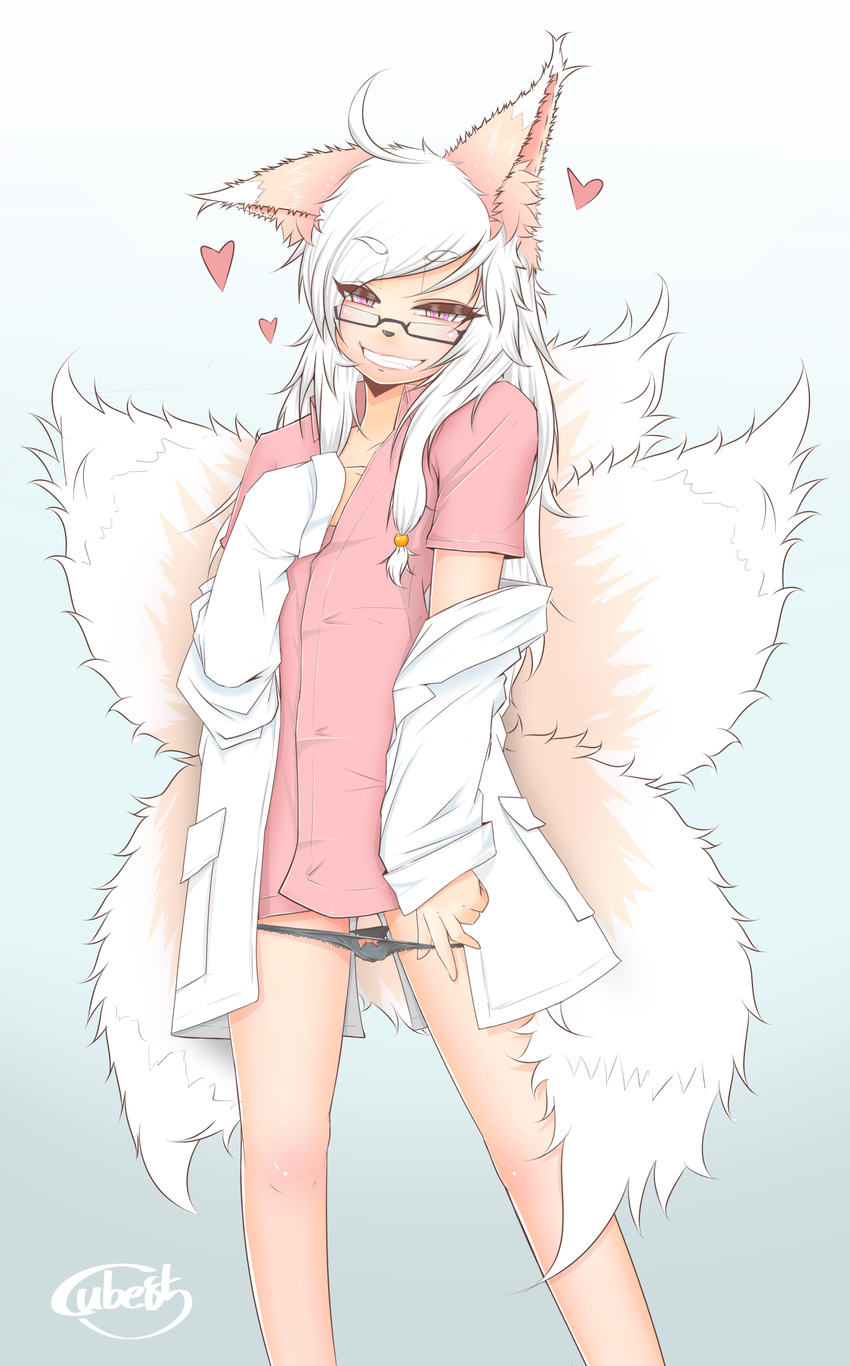 :d ahoge animal_ears artist_name black_panties bow bow_panties coat cube85 eyebrows_visible_through_hair glasses gradient gradient_background hair_ornament hand_on_own_chest head_tilt heart highres long_hair looking_at_viewer naughty_face no_pants open_mouth original panties panty_pull partially_undressed pink_eyes pink_shirt shirt short_sleeves simple_background smile solo tail unbuttoned underwear undressing white_coat white_hair