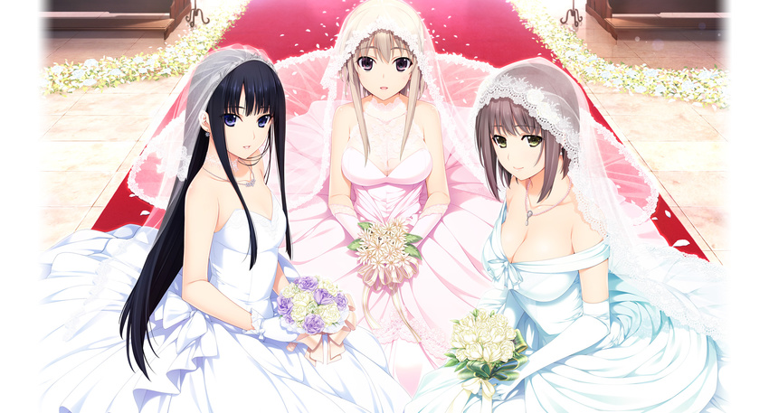 black_hair blue_dress blue_eyes blue_wedding_dress bouquet breasts bridal_veil brown_eyes brown_hair cleavage collarbone dress earrings elbow_gloves flower gloves green_eyes highres holding holding_bouquet iizuki_tasuku isurugi_yuki jewelry kneeling kurihara_aiko large_breasts light_brown_hair long_hair looking_at_viewer medium_breasts multiple_girls naruse_nono necklace niizuma_lovely_x_cation outdoors pink_dress pink_gloves pink_wedding_dress short_hair short_hair_with_long_locks sidelocks sleeveless sleeveless_dress strapless strapless_dress veil very_long_hair wedding_dress white_dress white_gloves