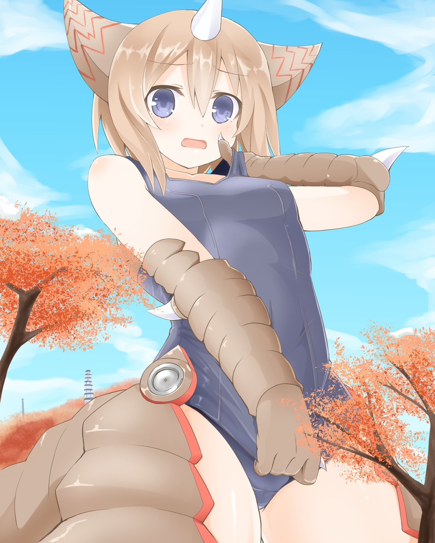 animal_ears bad_source bare_shoulders blanc blue_eyes blush brown_hair claws cosplay gomora highres horn looking_at_viewer neptune_(series) niwaka_potato old_school_swimsuit one-piece_swimsuit open_mouth personification scales school_swimsuit school_swimsuit_flap short_hair solo swimsuit ultra_series ultraman_(1st_series) wings