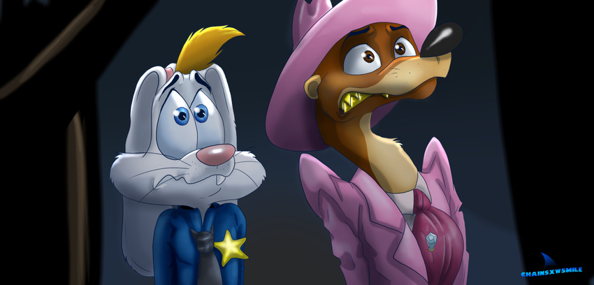 anthro buckteeth chainsxwsmile clenched_teeth crossover disney duo lagomorph leaning leaning_back male mammal mustelid police_officer rabbit roger_rabbit scared smarty_weasel teeth weasel whiskers who_framed_roger_rabbit wide_eyed zootopia