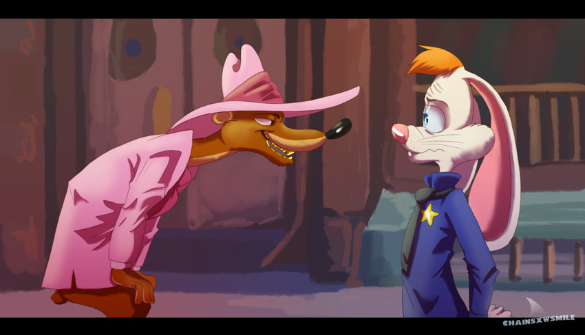 anthro bottomless chainsxwsmile clothed clothing crossover disney duo eye_contact grin hands_on_knees lagomorph leaning leaning_forward letterbox male mammal mustelid nervous police_officer rabbit roger_rabbit side_view signature smarty_weasel weasel whiskers who_framed_roger_rabbit zootopia