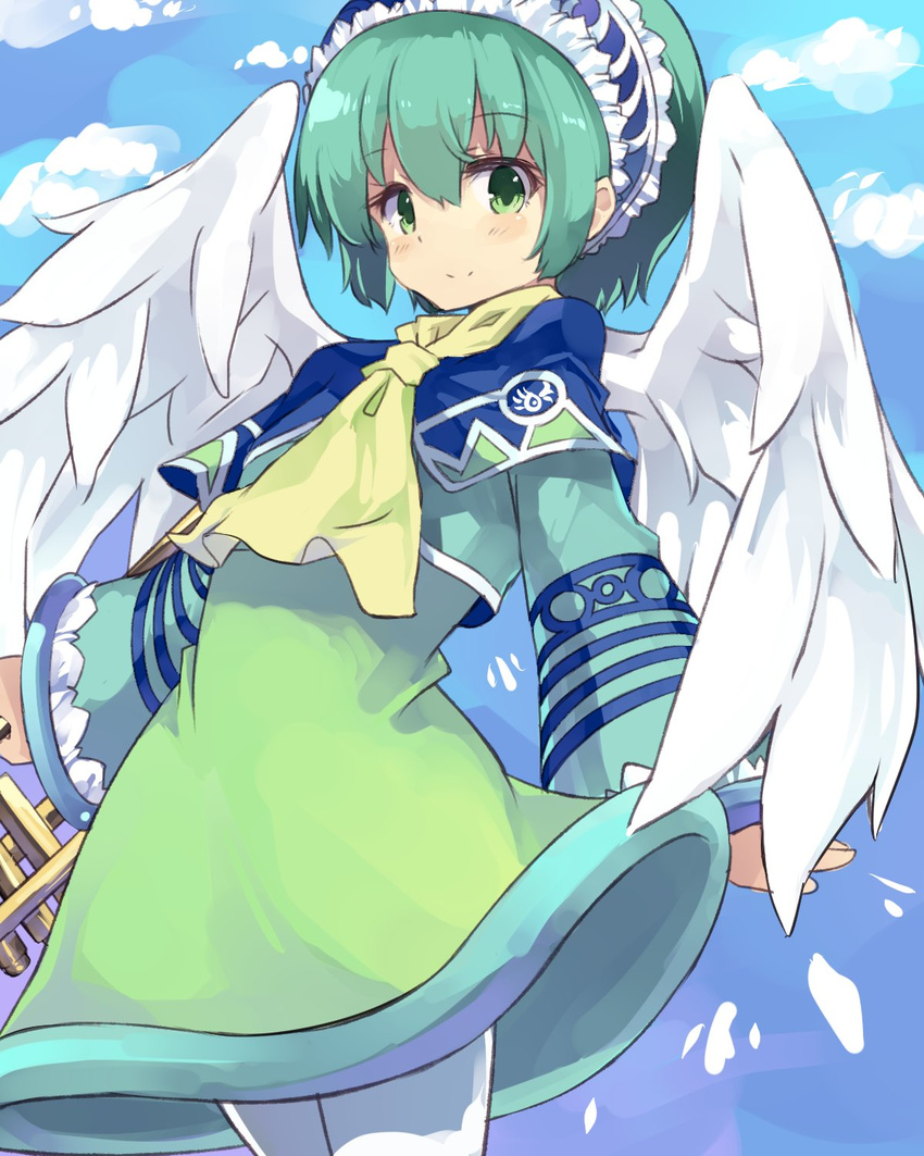 angel_wings blush cloud day green_eyes green_hair highres looking_at_viewer luminous_arc luminous_arc_2 normaland sadie scarf sky smile solo wings