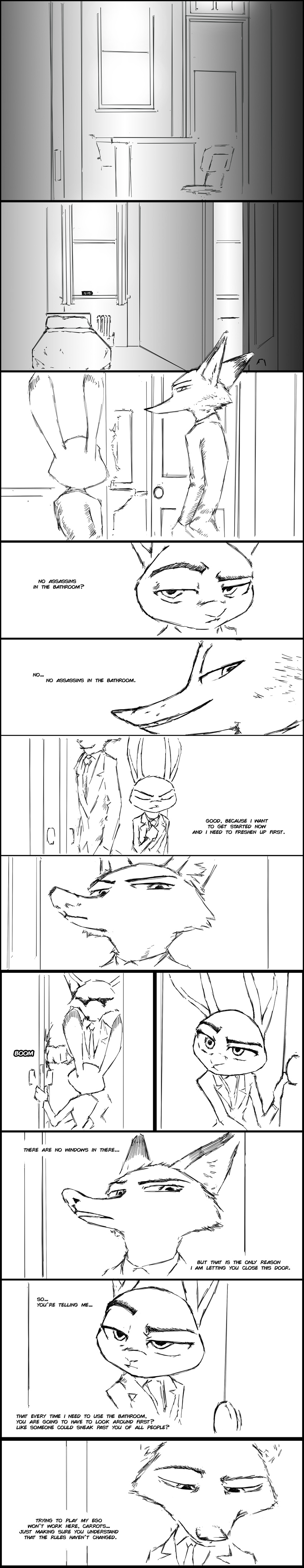 2016 absurd_res anthro black_and_white canine clothed clothing comic dialogue disney duo english_text female fox hi_res judy_hopps lagomorph male mammal monochrome necktie nick_wilde rabbit suit sunderance superabsurd_res text thewyvernsweaver zootopia