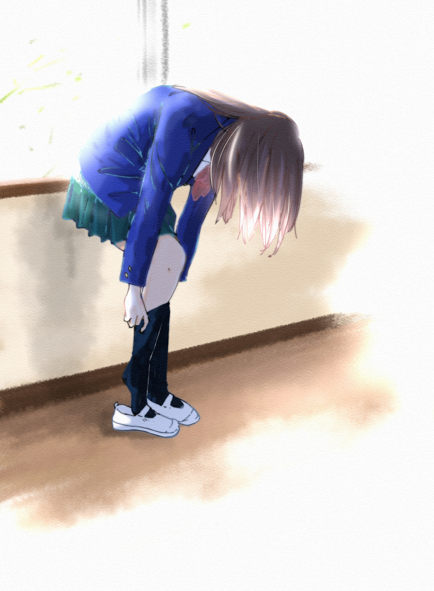 absurdres adjusting_clothes adjusting_legwear black_hair black_legwear blazer gradient gradient_background green_skirt hallway highres hunched_over indoors jacket leaning_forward long_hair original pleated_skirt school_uniform shiryu_(shiryu1993) shoe_dangle shoes skirt sock_pull socks solo uwabaki window