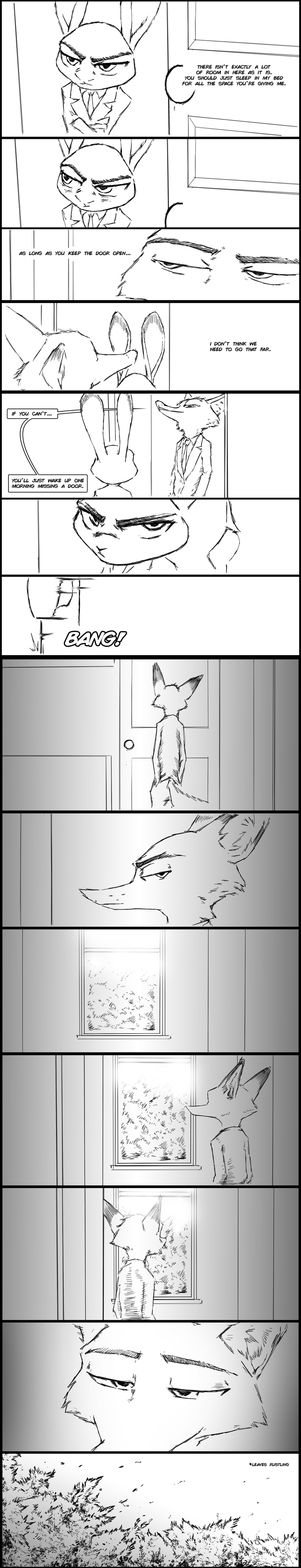 2016 absurd_res anthro black_and_white canine clothed clothing comic dialogue disney duo english_text female fox hi_res judy_hopps lagomorph male mammal monochrome necktie nick_wilde rabbit suit sunderance superabsurd_res text thewyvernsweaver zootopia