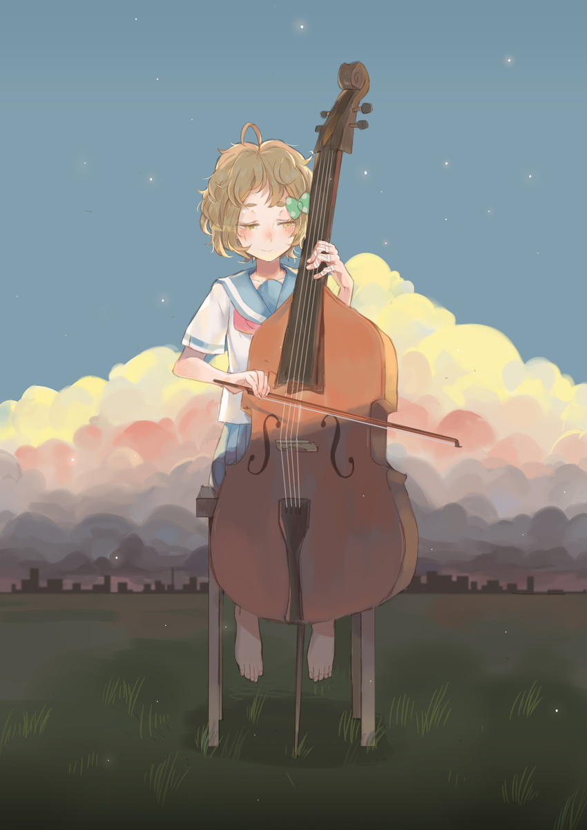 absurdres barefoot blue_skirt bow bow_(instrument) brown_hair chair closed_eyes cloud double_bass grass green_bow hair_bow hibike!_euphonium highres instrument kawashima_sapphire landscape neckerchief pink_neckwear pleated_skirt school_uniform serafuku short_hair shrimp_cc sitting skirt solo