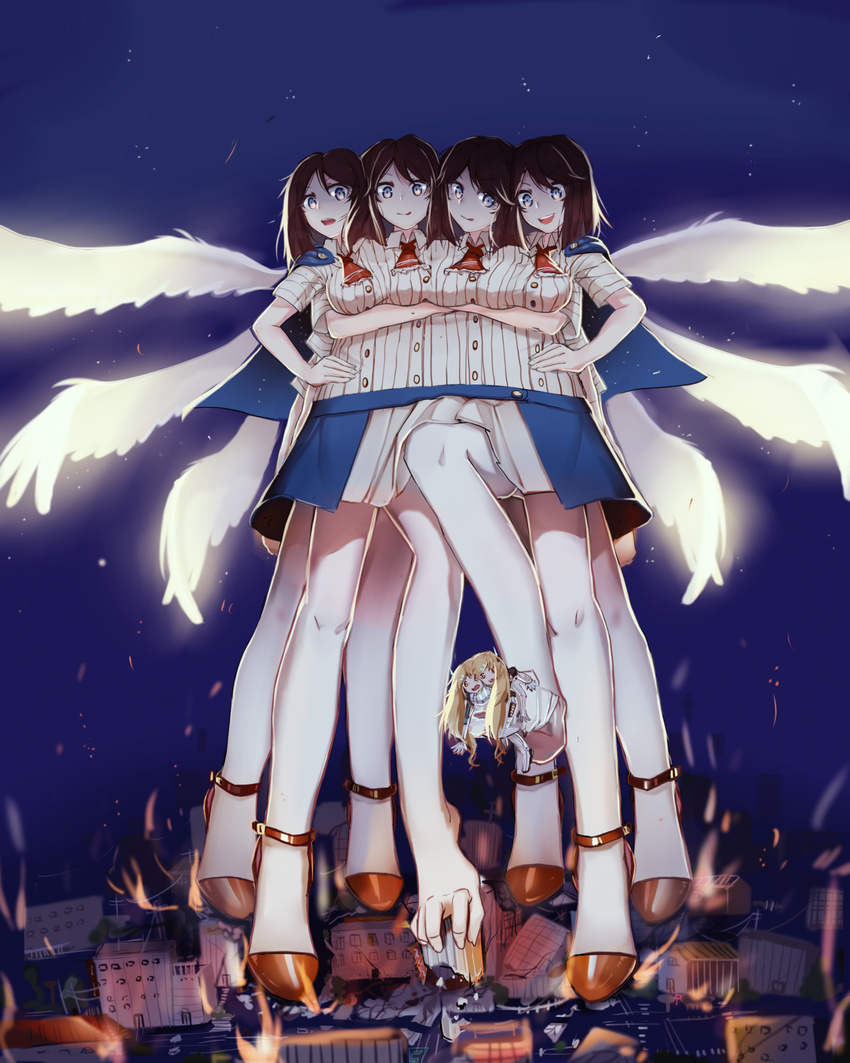 4girls belt blue_eyes breasts brown_hair cape city conjoined crossed_arms giantess helicopter high_heels multi_arm multi_breast multi_head multi_leg multi_limb multiple_girls necktie people phen-projnu phena_aulin shirt skirt thighhighs