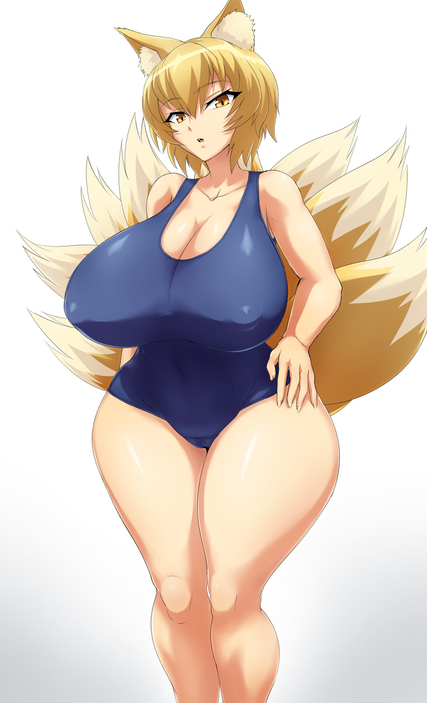 :o animal_ears bangs bare_shoulders blonde_hair blue_swimsuit breasts brown_eyes cameltoe cleavage collarbone covered_navel covered_nipples curvy eyebrows_visible_through_hair fox_ears fox_tail gradient gradient_background grey_background hair_between_eyes hand_on_hip highres hips huge_breasts jadf kitsune legs_together looking_at_viewer multicolored multicolored_eyes multiple_tails old_school_swimsuit one-piece_swimsuit parted_lips school_swimsuit short_hair simple_background slit_pupils solo standing swimsuit tail thick_thighs thighs touhou white_background wide_hips yakumo_ran yellow_eyes