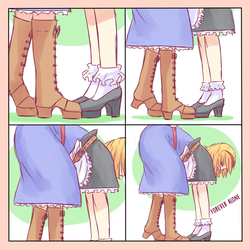 1girl 4koma alice_margatroid apron bent_over blonde_hair blue_dress boots bow comic commentary dress frilled_legwear hair_bow highres implied_kiss lonely lower_body meme optical_illusion parody shoes_on_hands short_hair silent_comic socks solo standing touhou waist_apron yoruny