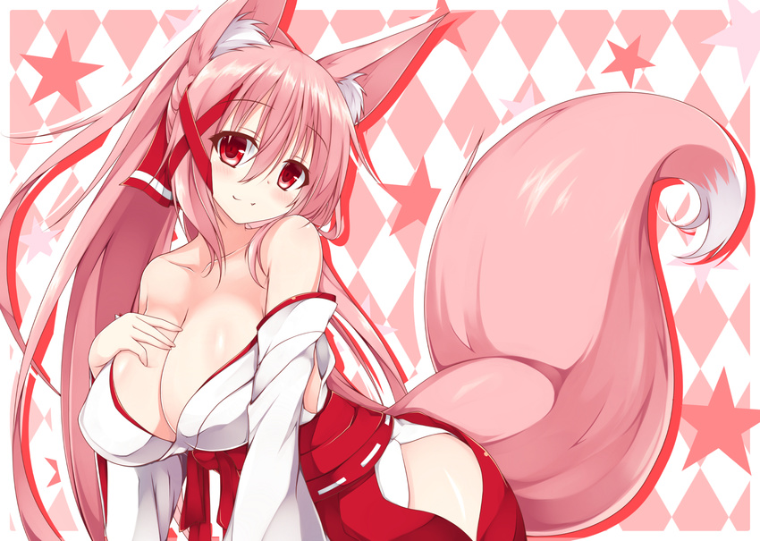 :3 animal_ears argyle argyle_background bangs blush breasts cleavage collarbone commentary_request covered_nipples detached_sleeves eyebrows_visible_through_hair fox_ears fox_girl fox_tail hair_between_eyes hakama half_updo hand_on_breast highres japanese_clothes kazamatsuri_kazari large_breasts leaning_forward long_hair looking_at_viewer miko mizuki_(kogetsu-tei) nontraditional_miko original pink_hair red_eyes side_slit smile solo star starry_background tail very_long_hair