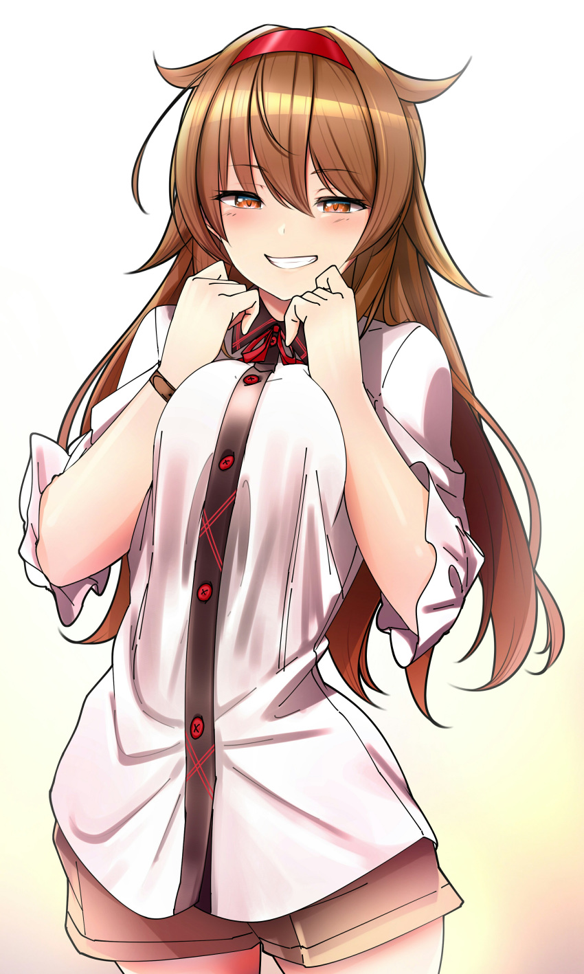 1girl absurdres alternate_costume alternate_hairstyle blush breasts brown_hair brown_shorts closed_mouth eyebrows_visible_through_hair gradient gradient_background hair_between_eyes hair_flaps hairband highres kantai_collection large_breasts red_eyes red_hairband shiratsuyu_(kantai_collection) shirt short_shorts short_sleeves shorts smile solo tatsu_shinomu white_shirt