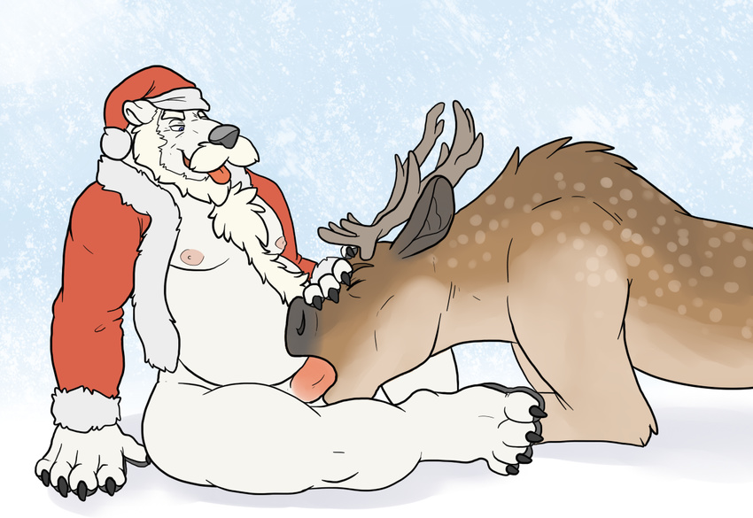 all_fours anthro anthro_on_feral antlers bear bestiality blueballs bottomless cervine christmas clothed clothing duo eyes_closed facial_hair fellatio feral holidays horn male male/male mammal mature_male moobs mustache nipples open_mouth oral overweight overweight_male polar_bear reindeer santa_claus scrunchy_face sex side_view sitting tongue tongue_out
