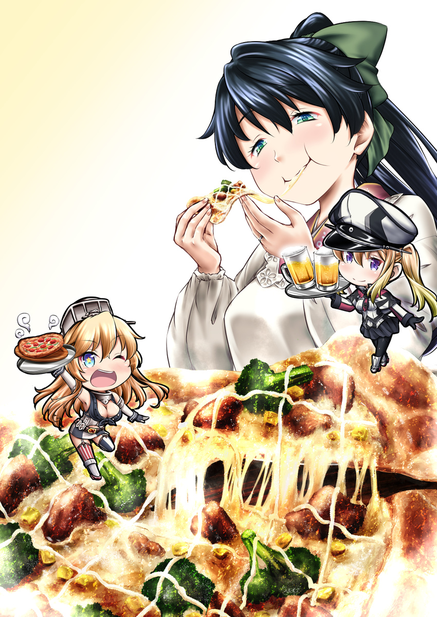 alcohol american_flag_legwear beer beer_mug belt blonde_hair blue_eyes bow breasts broccoli capelet cheese cheese_trail collar comic commentary_request cover cover_page crop_top eating elbow_gloves epaulettes food gloves graf_zeppelin_(kantai_collection) green_eyes hair_bow hat highres holding holding_food holding_pizza houshou_(kantai_collection) iowa_(kantai_collection) jacket japanese_clothes jewelry kantai_collection kappougi kimono large_breasts long_hair long_sleeves medium_breasts multiple_girls necktie one_eye_closed open_mouth pantyhose peaked_cap pepperoni pizza ponytail purple_eyes ring skirt smile star star-shaped_pupils steam symbol-shaped_pupils teeth thighhighs translation_request tray twintails uniform yuzu_momo